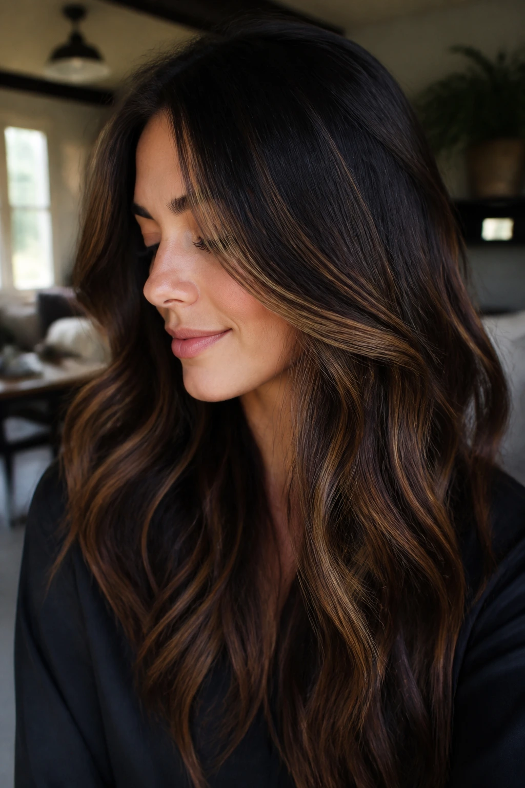 Close-up of dark brunette hair with caramel highlights in natural light