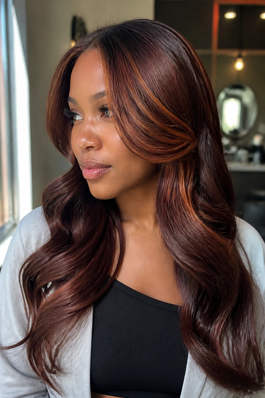 Close-up of a real woman with Chocolate Cherry with Caramel Flash hair, rich red-brown base and caramel front highlights.