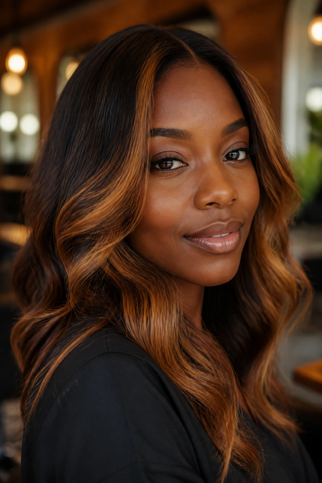 Close-up portrait of a person with caramel highlights on deep skin, hair taking center frame