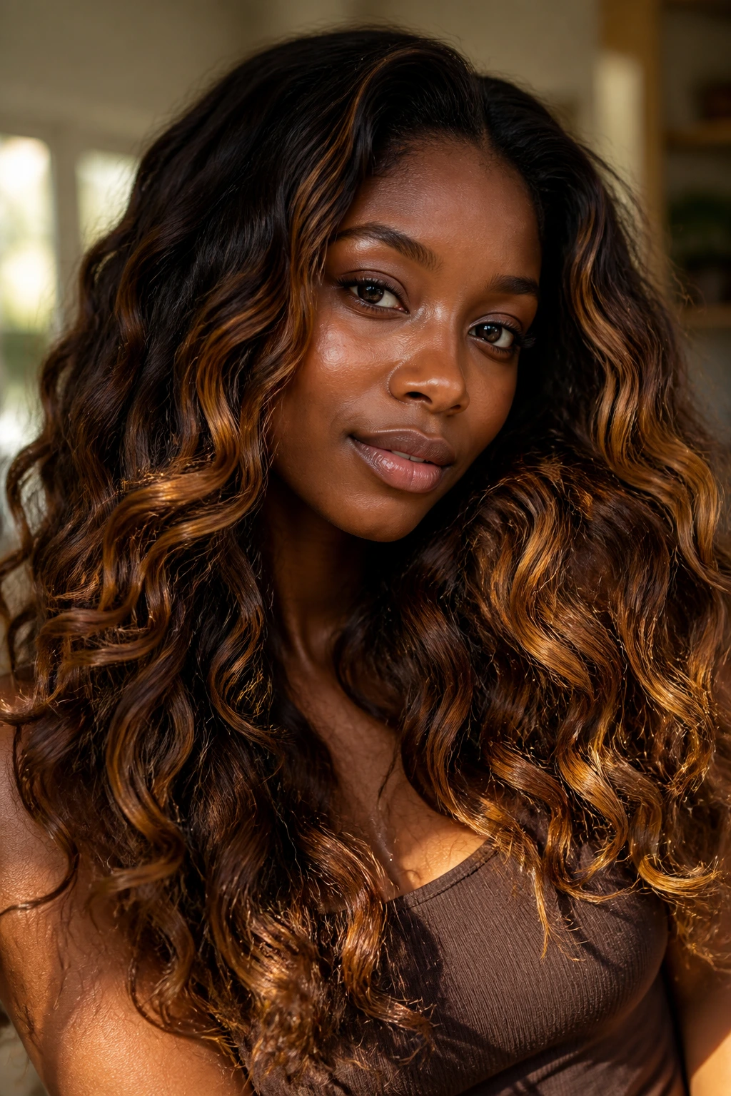 Close-up portrait of a real person with caramel highlights on deep skin in warm window light