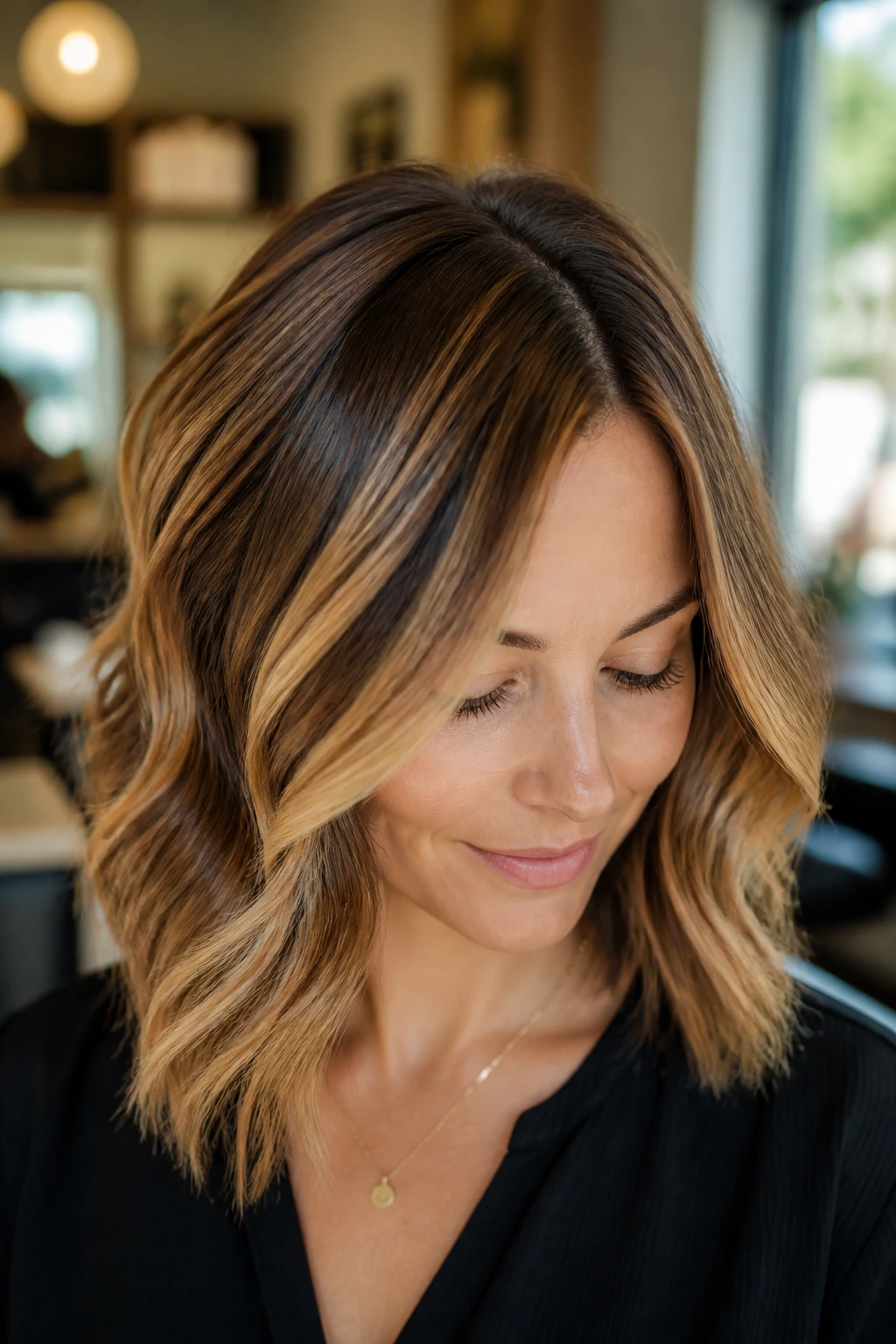 Close-up of fine hair with caramel highlights demonstrating movement