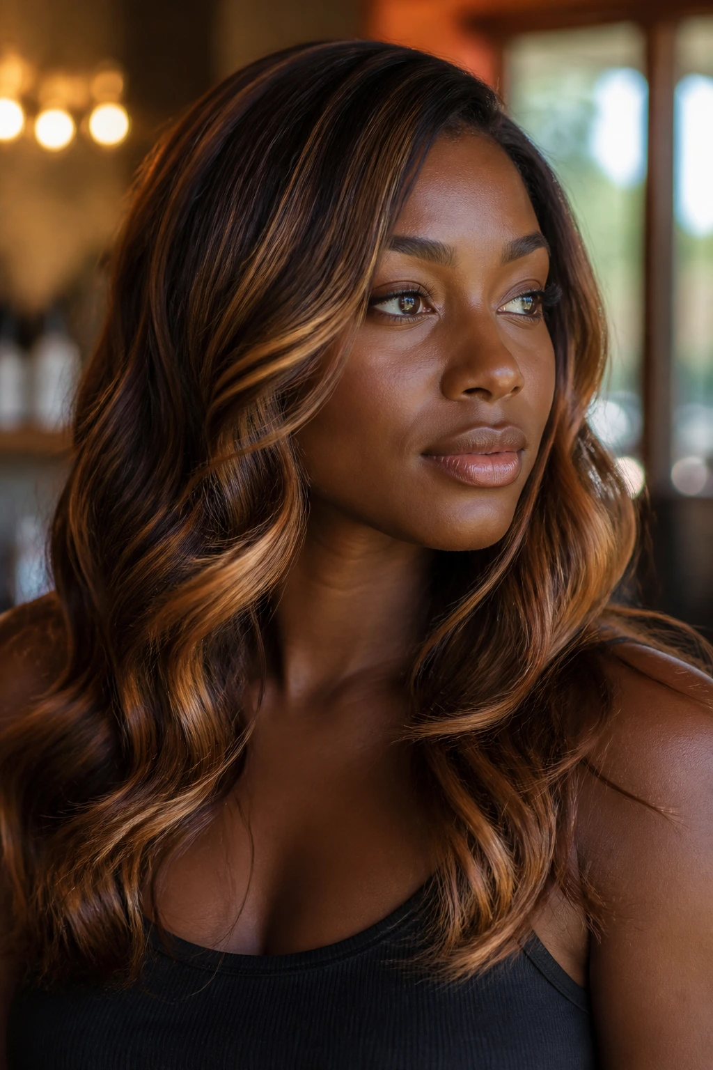 Portrait of a person with glossy caramel highlights and balanced highlights