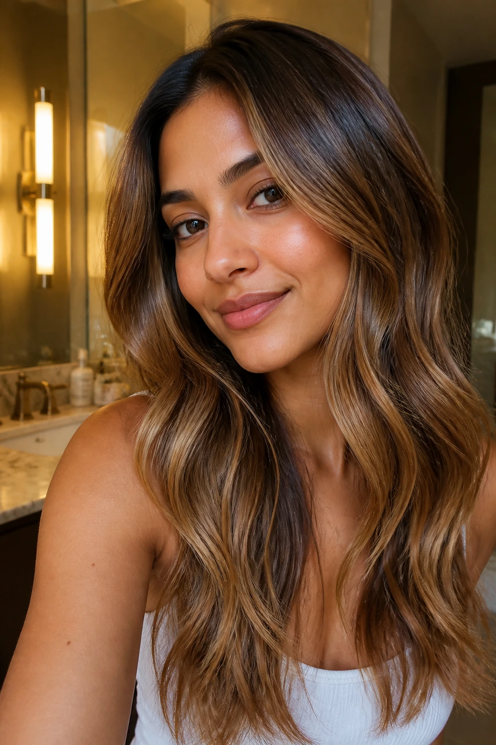 Close-up of glossy caramel-highlighted hair on olive-skinned person.