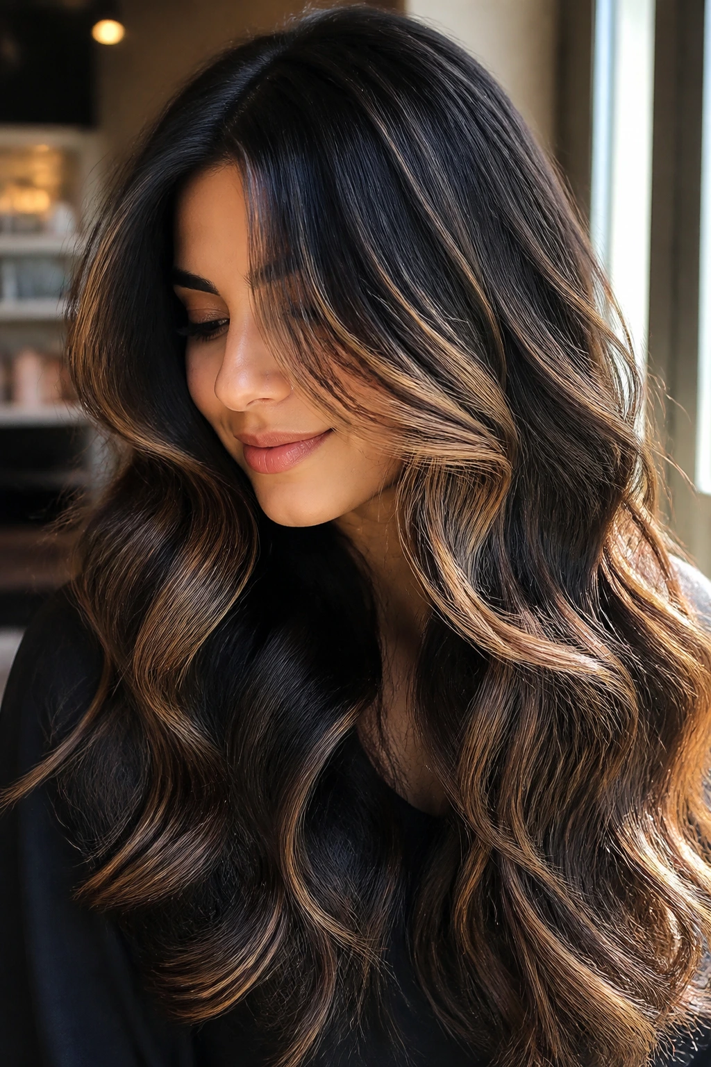 Close-up of a real woman's thick hair with caramel highlights and glossy shine