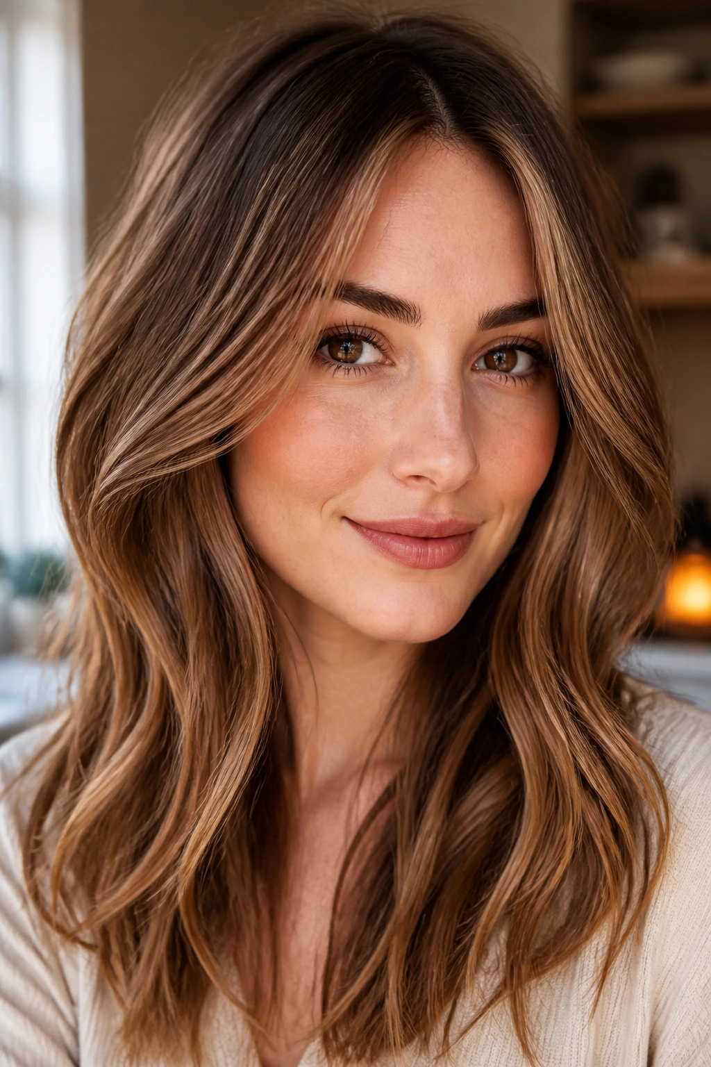 Portrait of a person with soft-glow caramel highlights framing the face