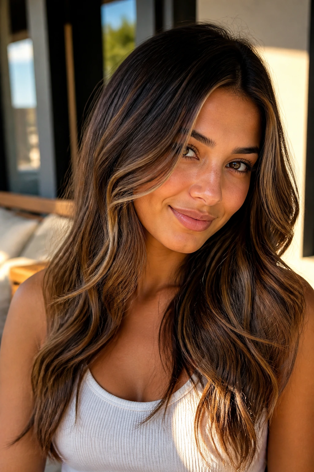 Person with golden glow brunette featuring caramel and honey-brown highlights in warm light