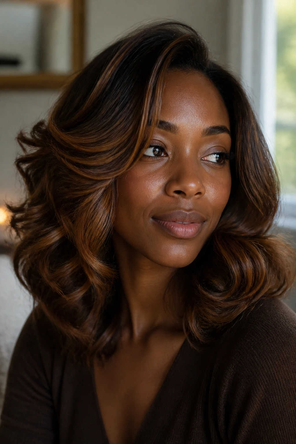 Close-up of a real woman's shoulder-length caramel-highlighted hair in soft waves