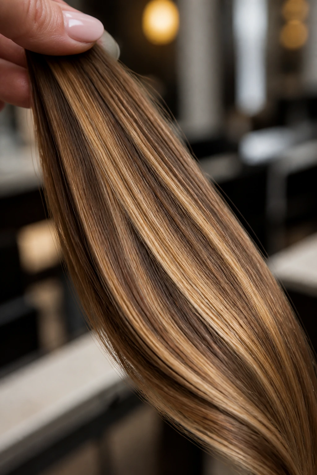 Hair strand with golden caramel ribbons showing highlight variations