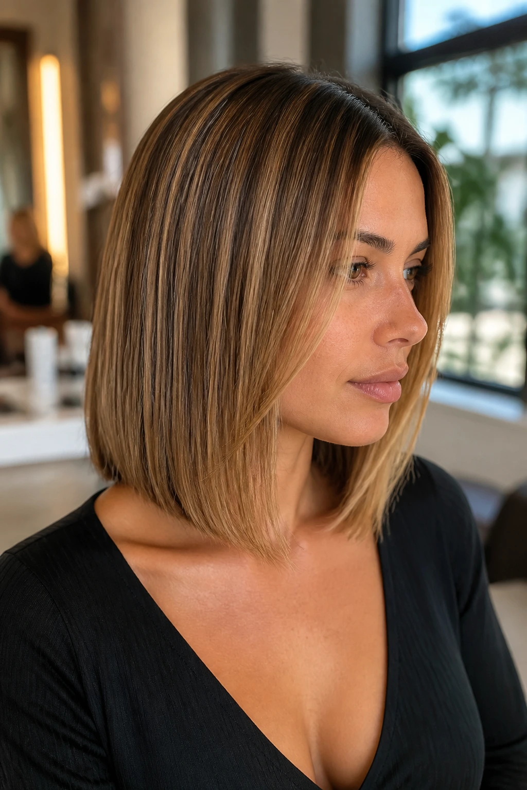 Close-up of a real woman with caramel-highlighted straight hair in a salon setting