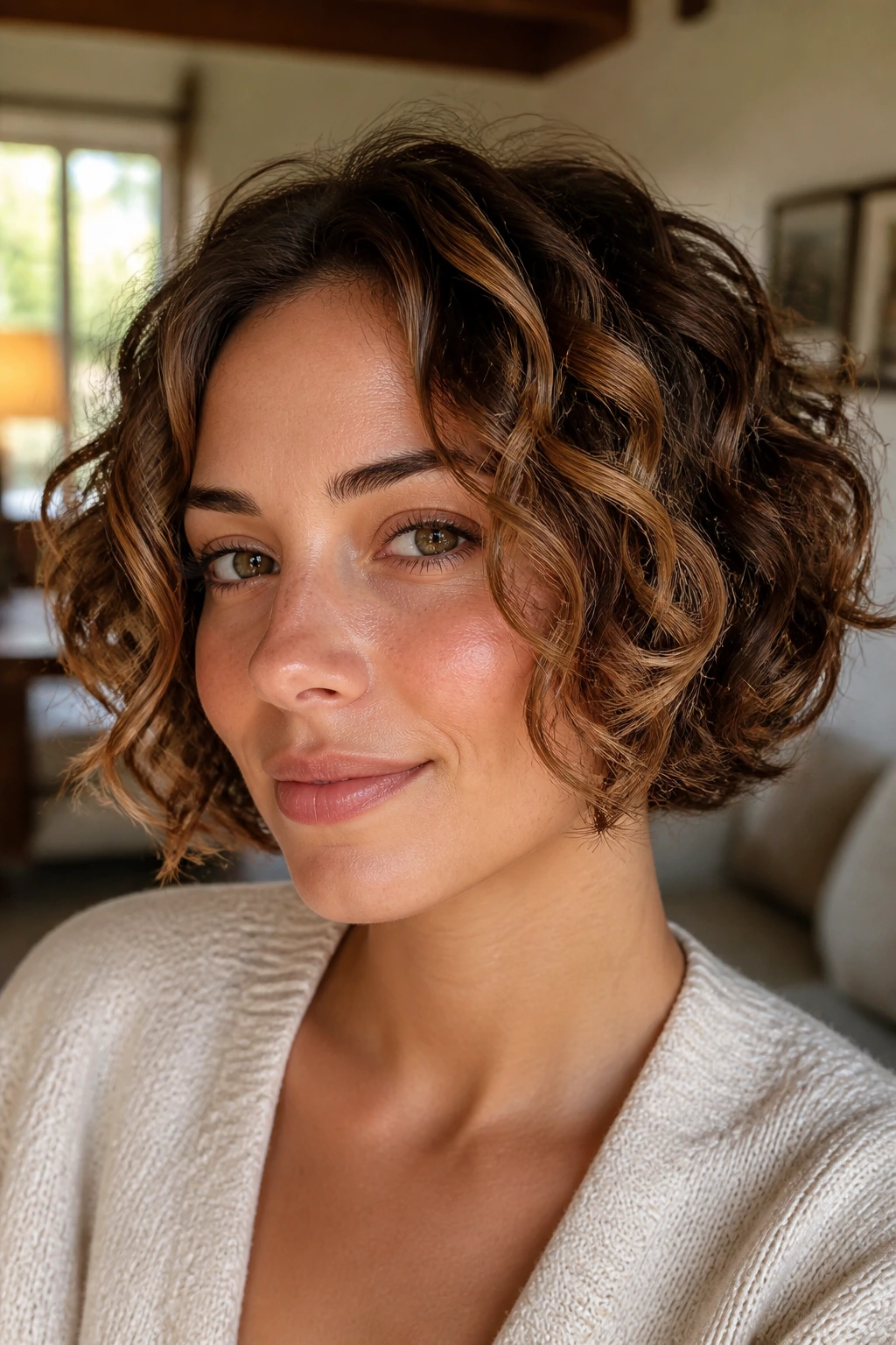 Close-up of a real person with caramel-highlighted layered short curly bob.
