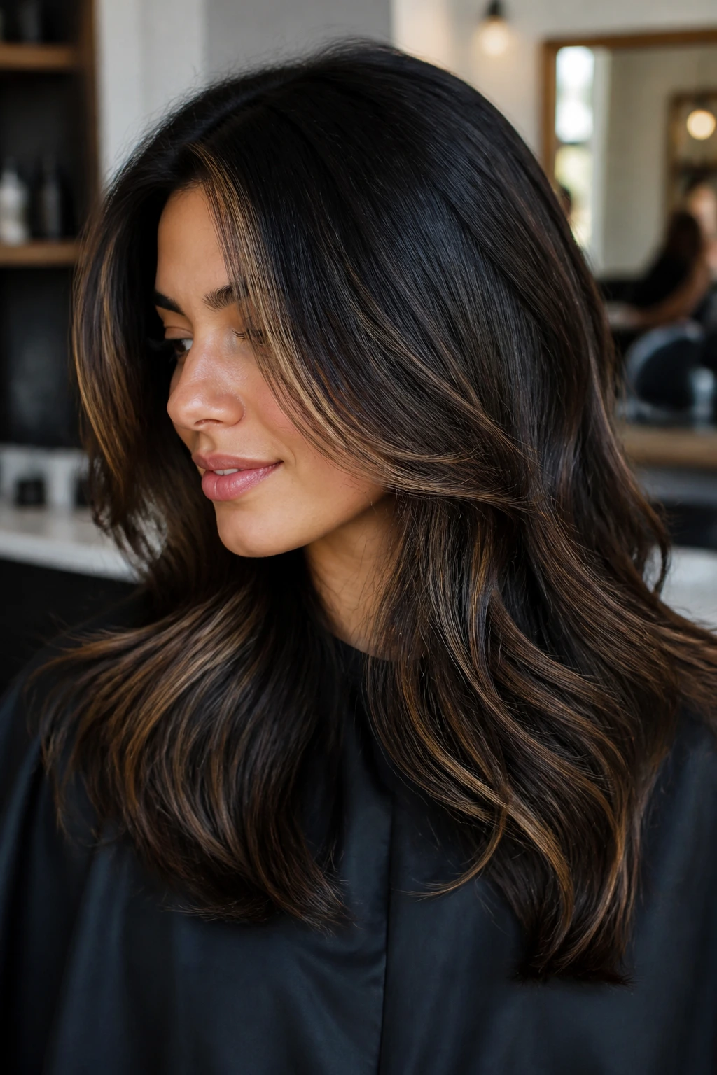 Close-up of thick-haired person with caramel highlights and glossy color in a warm bathroom/salon setting