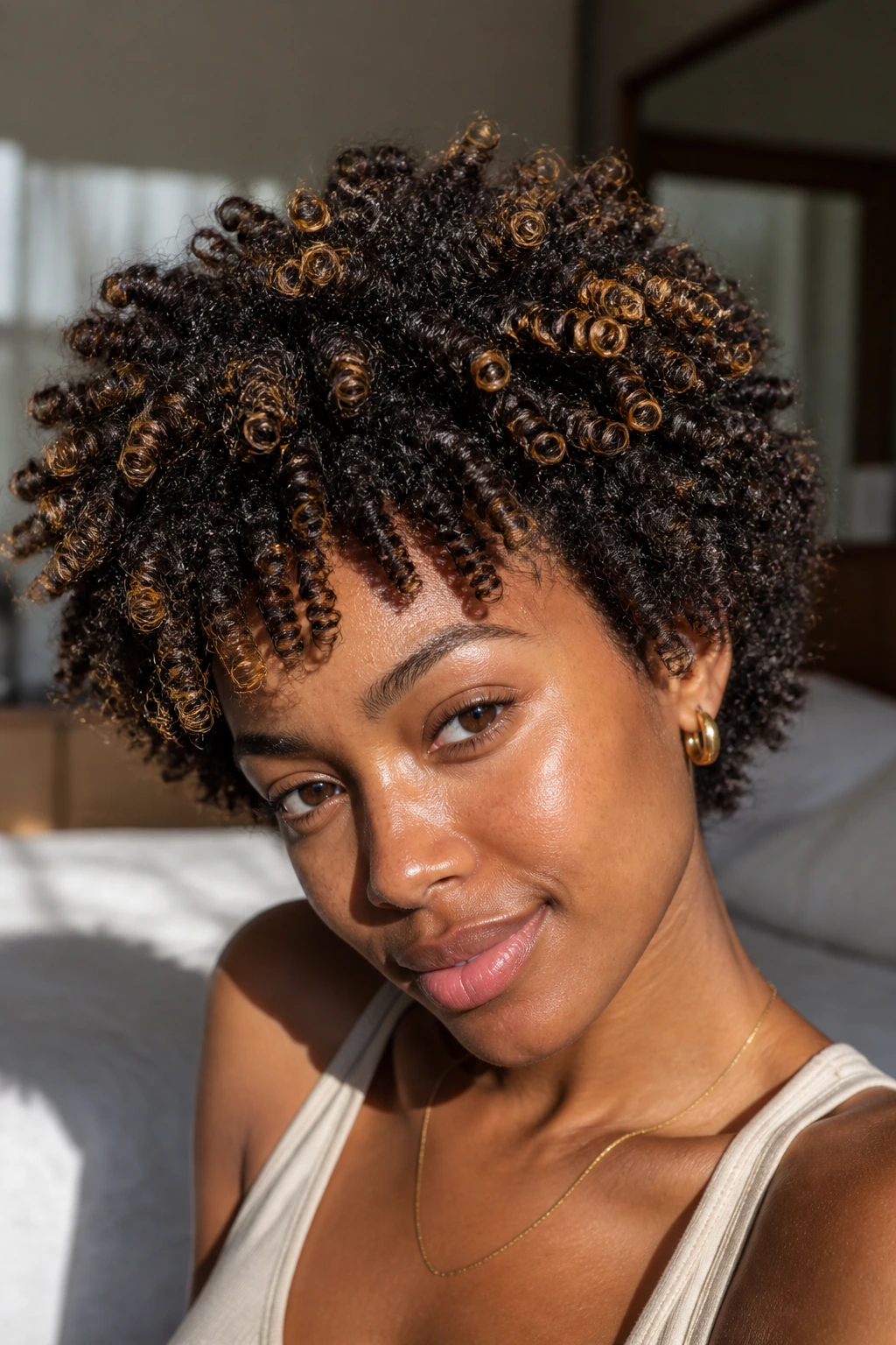 Close-up of a real woman with natural hair and caramel highlights showing shrinkage and coil texture.