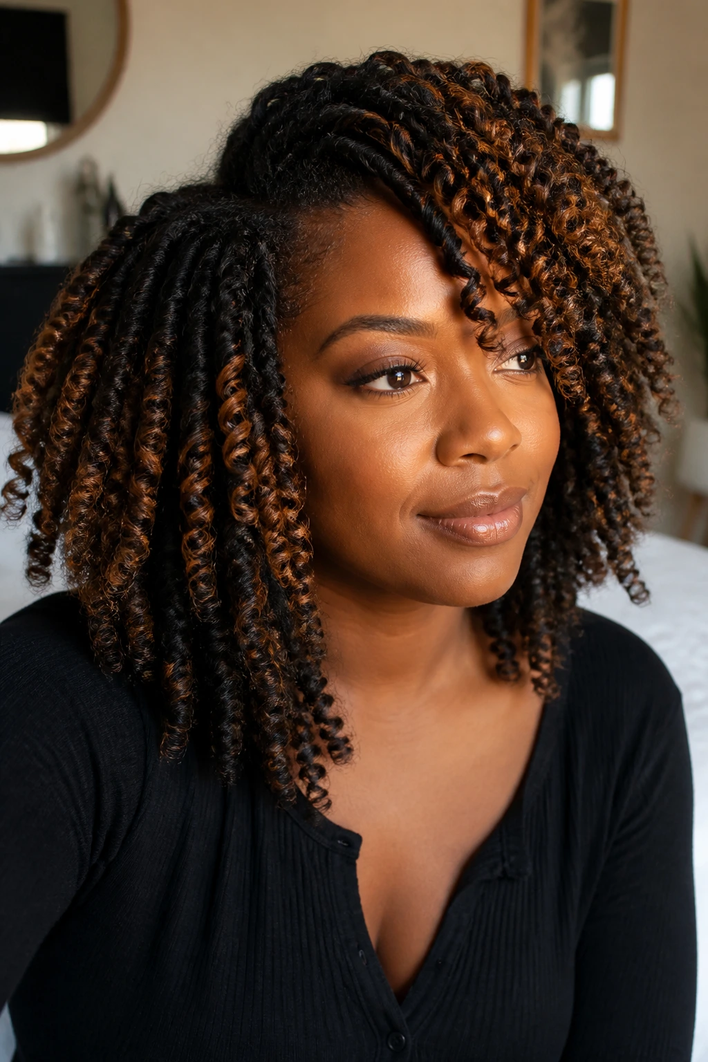 Close-up of a real woman with twist-out showing caramel highlights on natural hair in window light