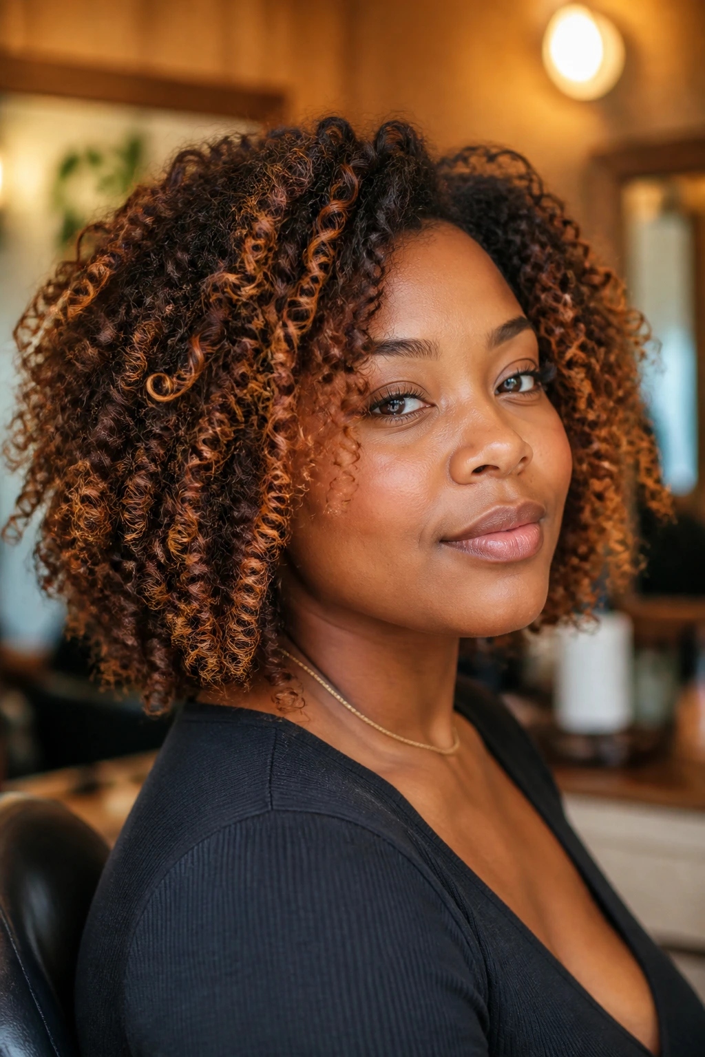 Close-up portrait of a person with spiced caramel highlights framing the face