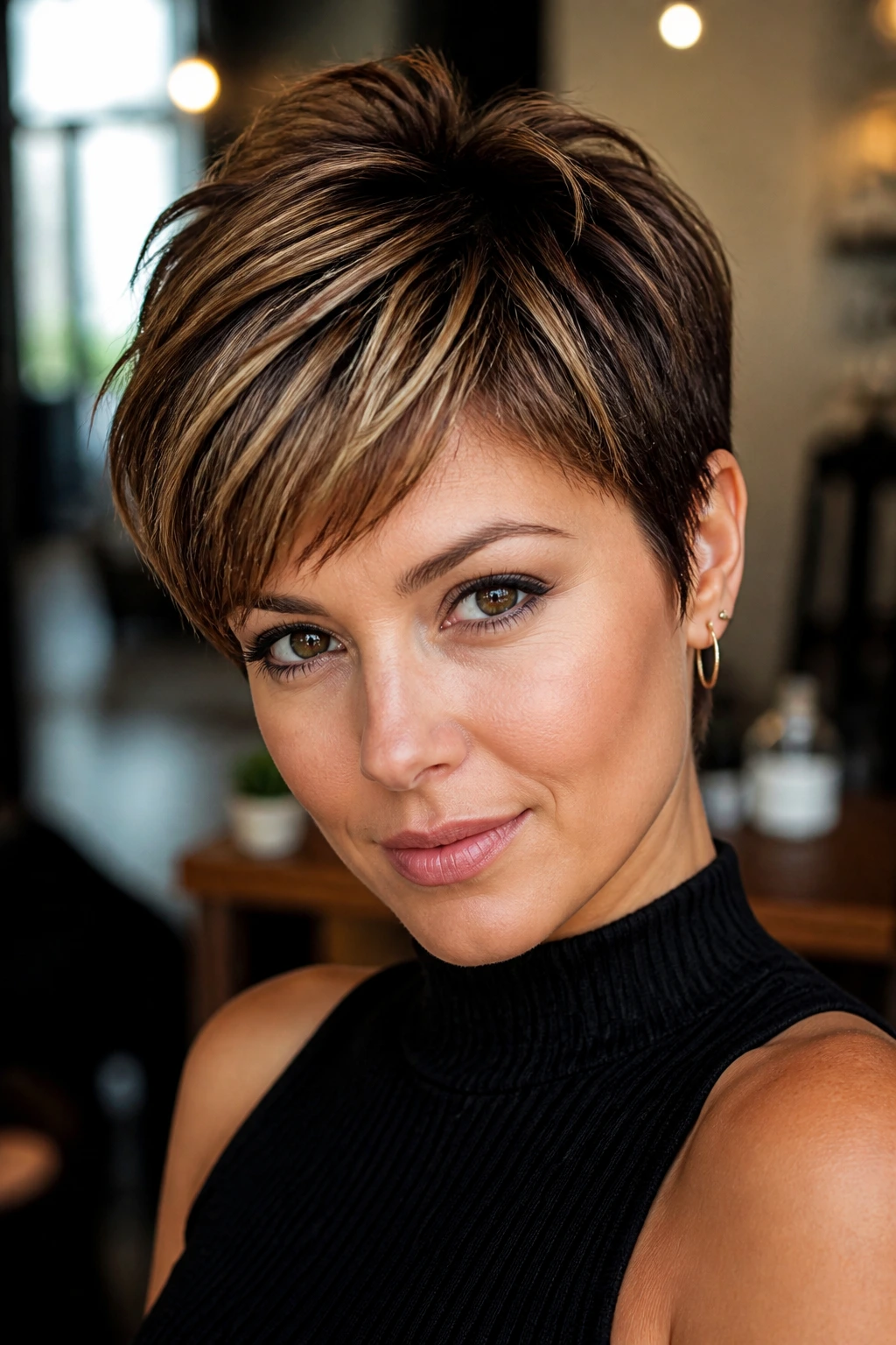 Portrait of woman with caramel highlights on pixie cut.