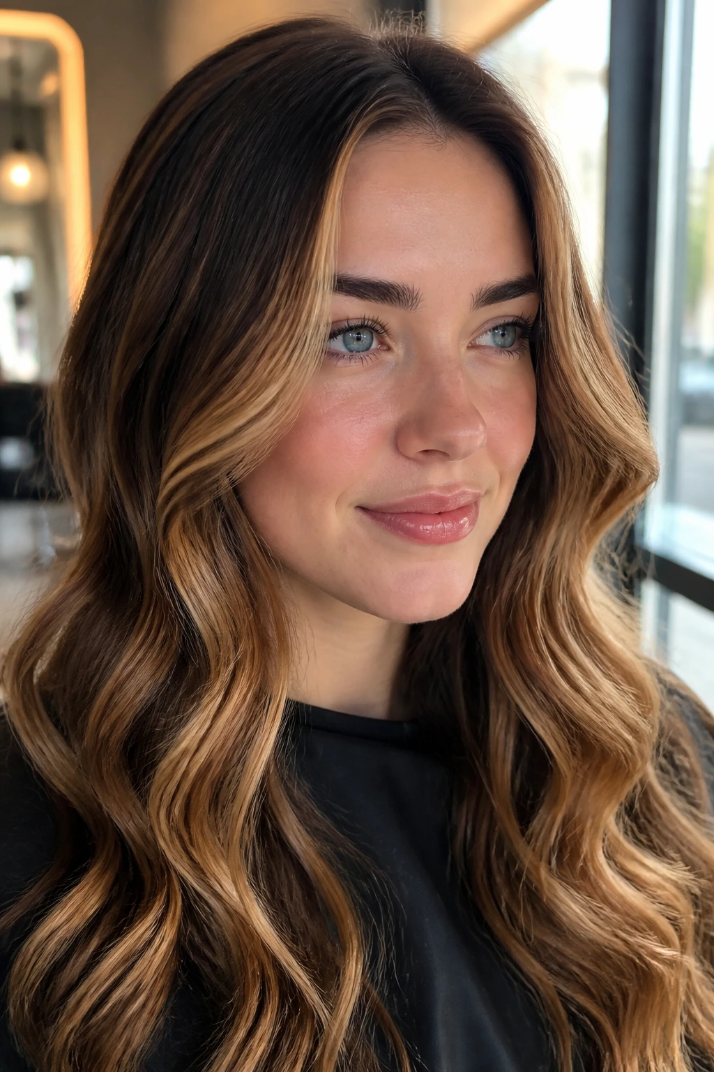 Close-up of a woman with rich caramel highlights framing the face