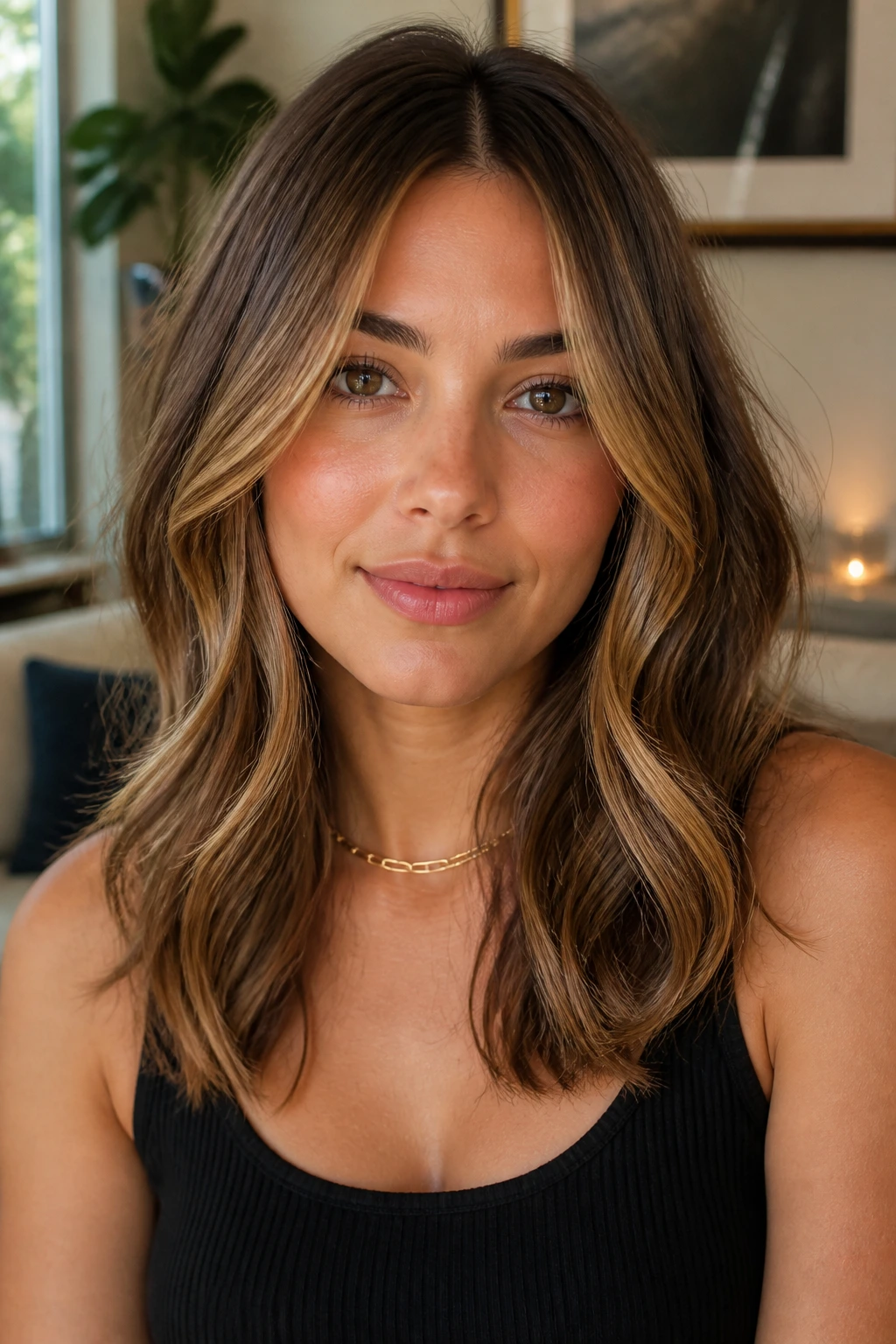 Portrait of a real woman with caramel highlights styled for day-to-night wear.