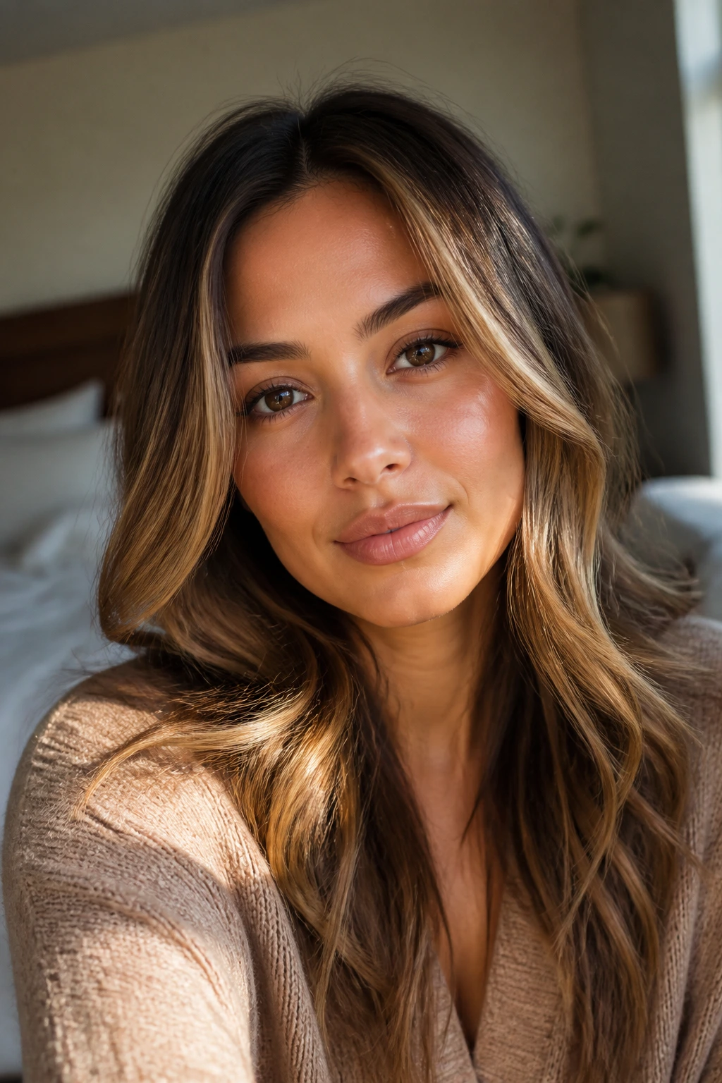 Close-up portrait of a woman with warm caramel highlights framing her face