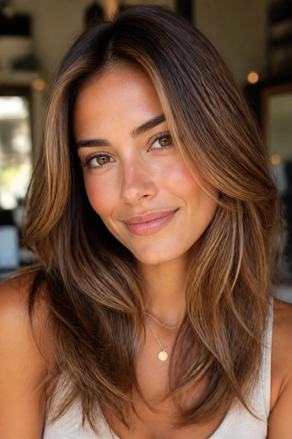 Close-up portrait of a real woman with caramel highlights catching warm daylight