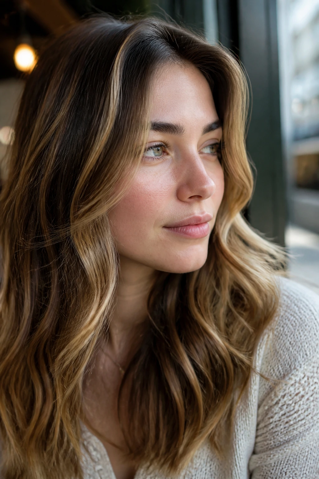 Portrait showing caramel highlights in loose waves in real life setting