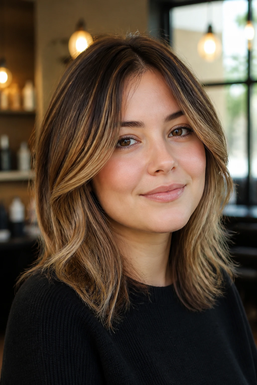 Close-up portrait of a real woman with caramel-highlighted hair contouring a round face