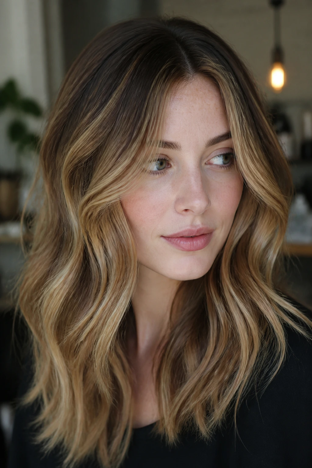 Hair with soft shadow root and caramel highlights in a head-and-shoulders portrait
