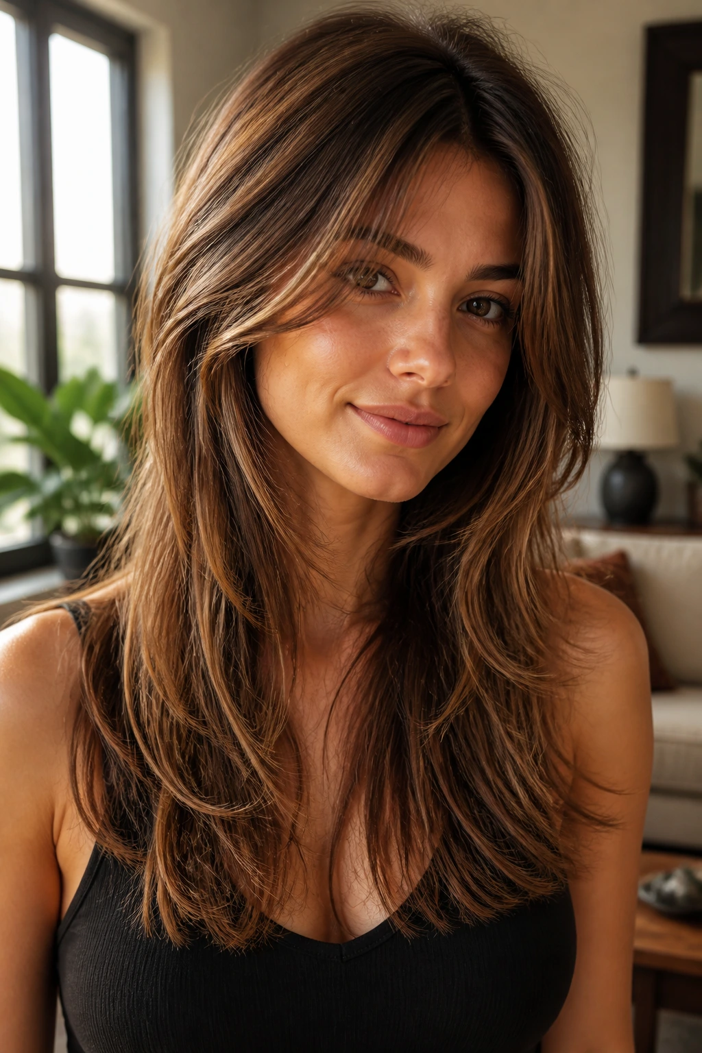 Portrait of a person with textured shag and caramel highlights