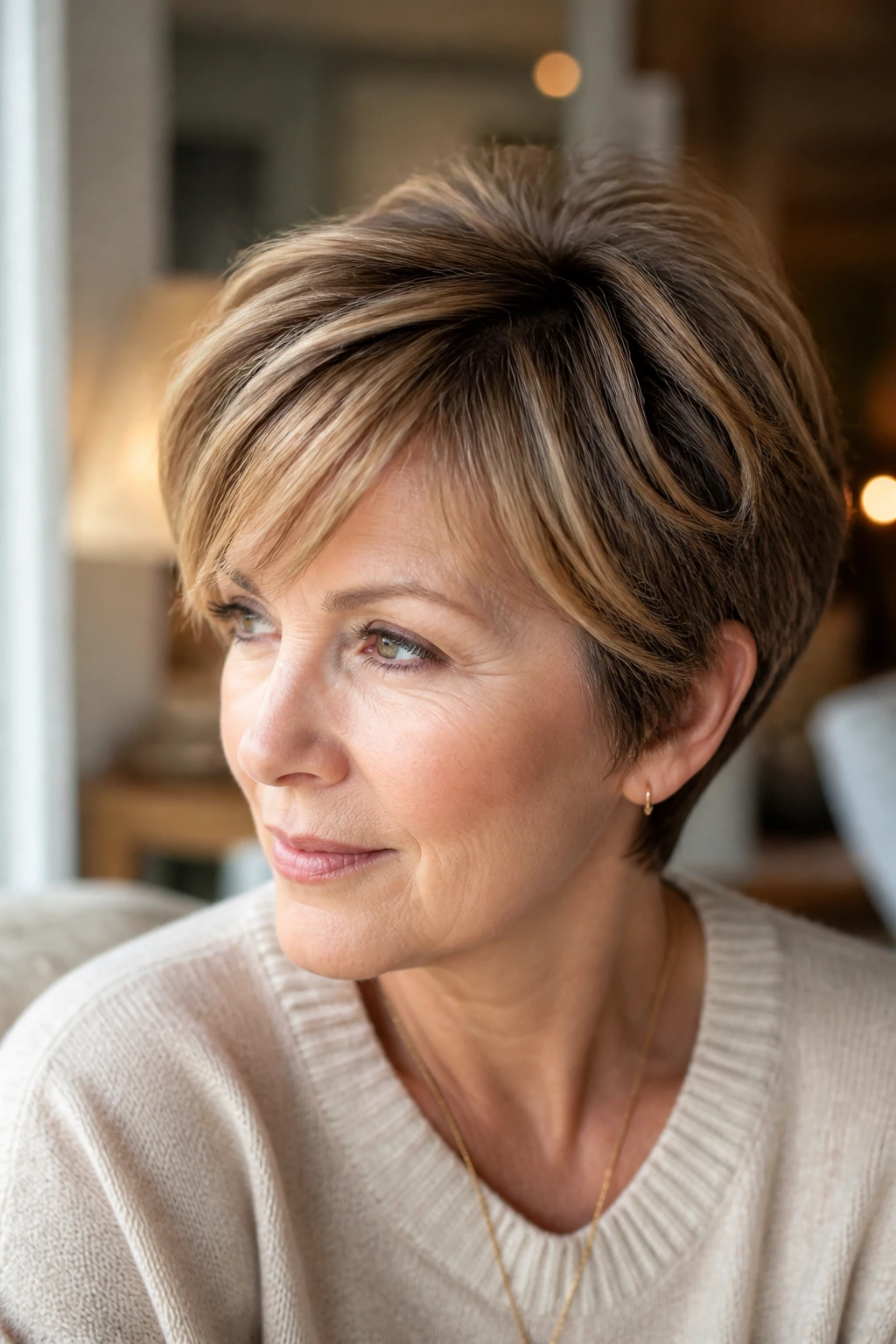 Close-up of short haircut with caramel highlights on a real woman.