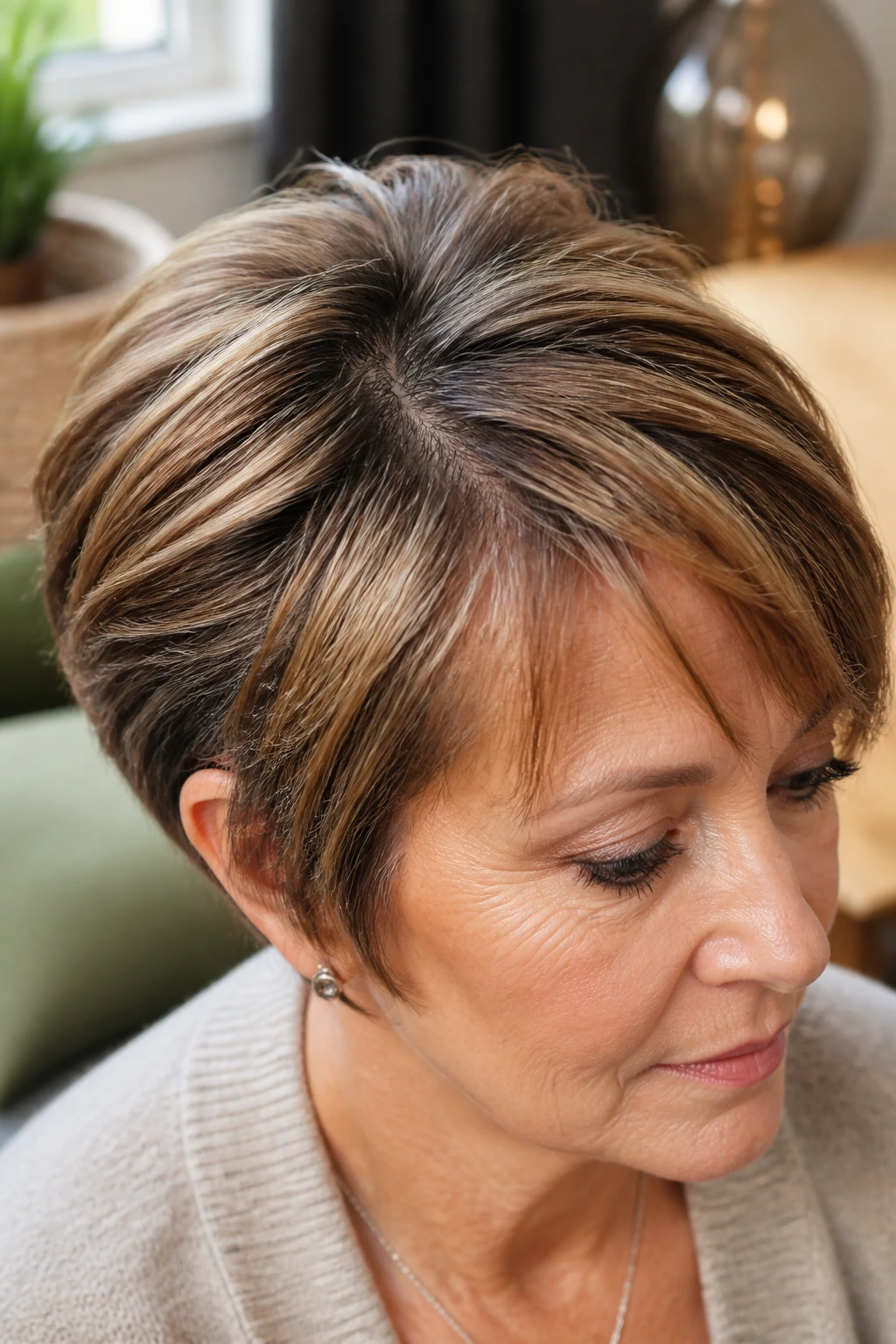 Close-up of short hair with caramel highlights and gentle regrowth on a real woman in warm window light.