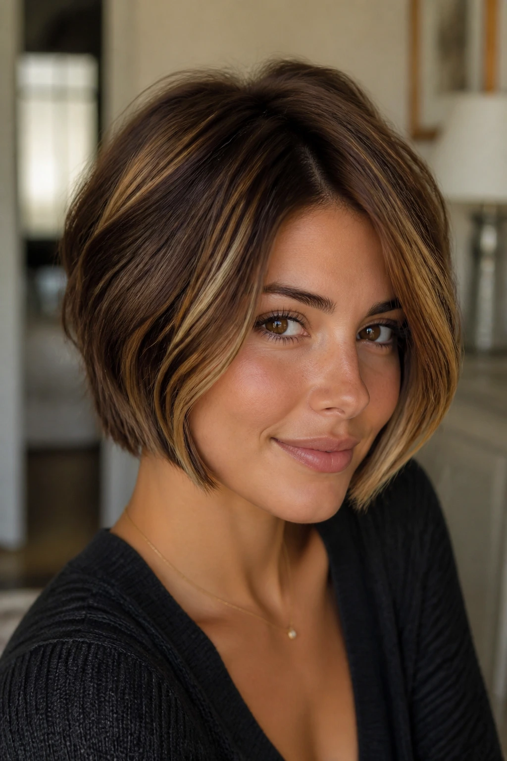 Close-up of short hairstyle with caramel highlights shaping the silhouette on a real person.