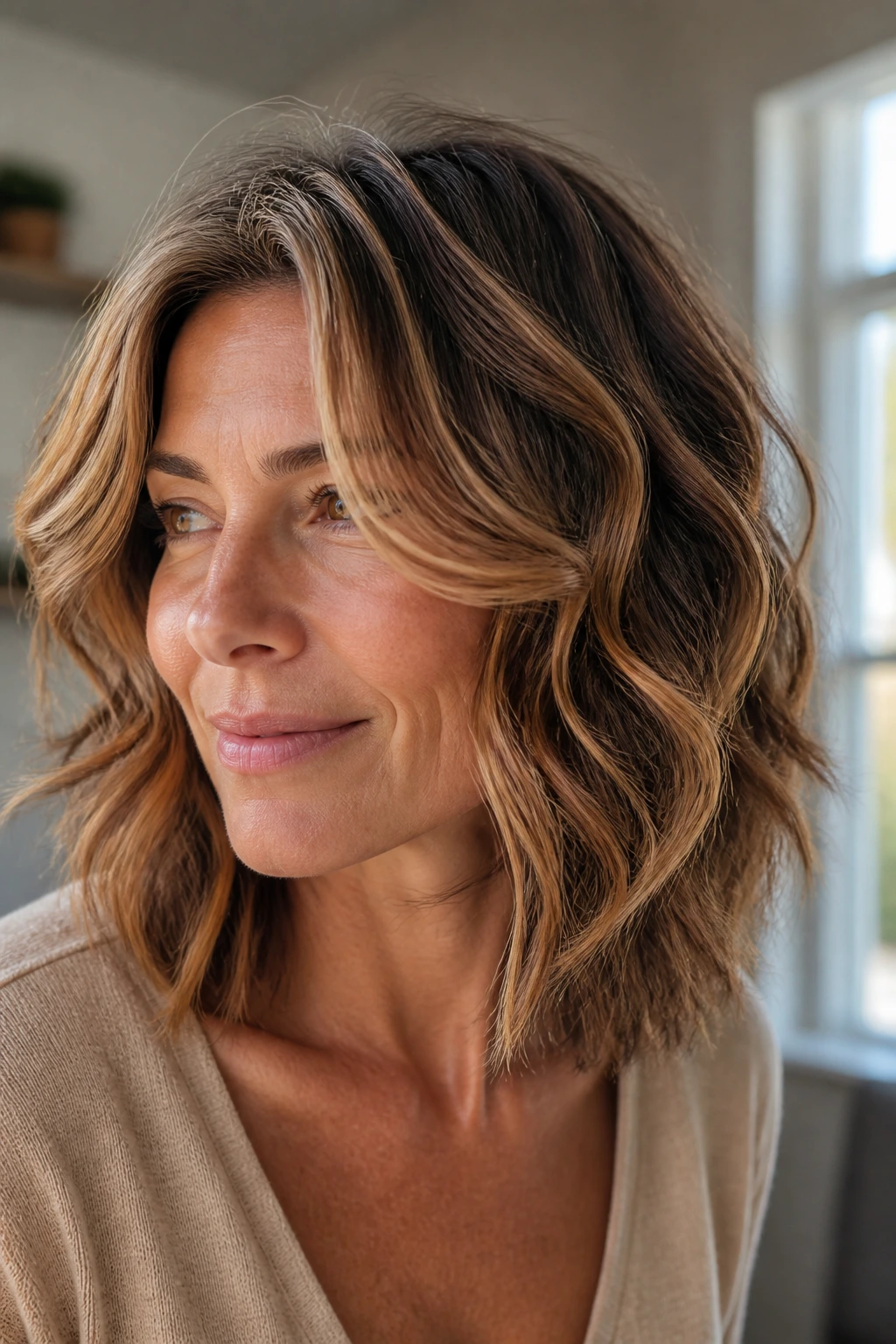 Portrait of a woman with caramel-highlighted waves styled for visibility