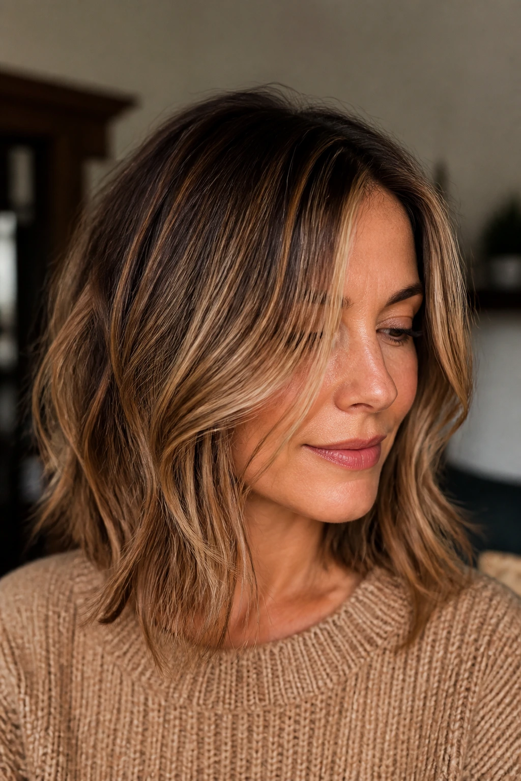 Close-up of a real person with caramel highlights enhancing thin hair.