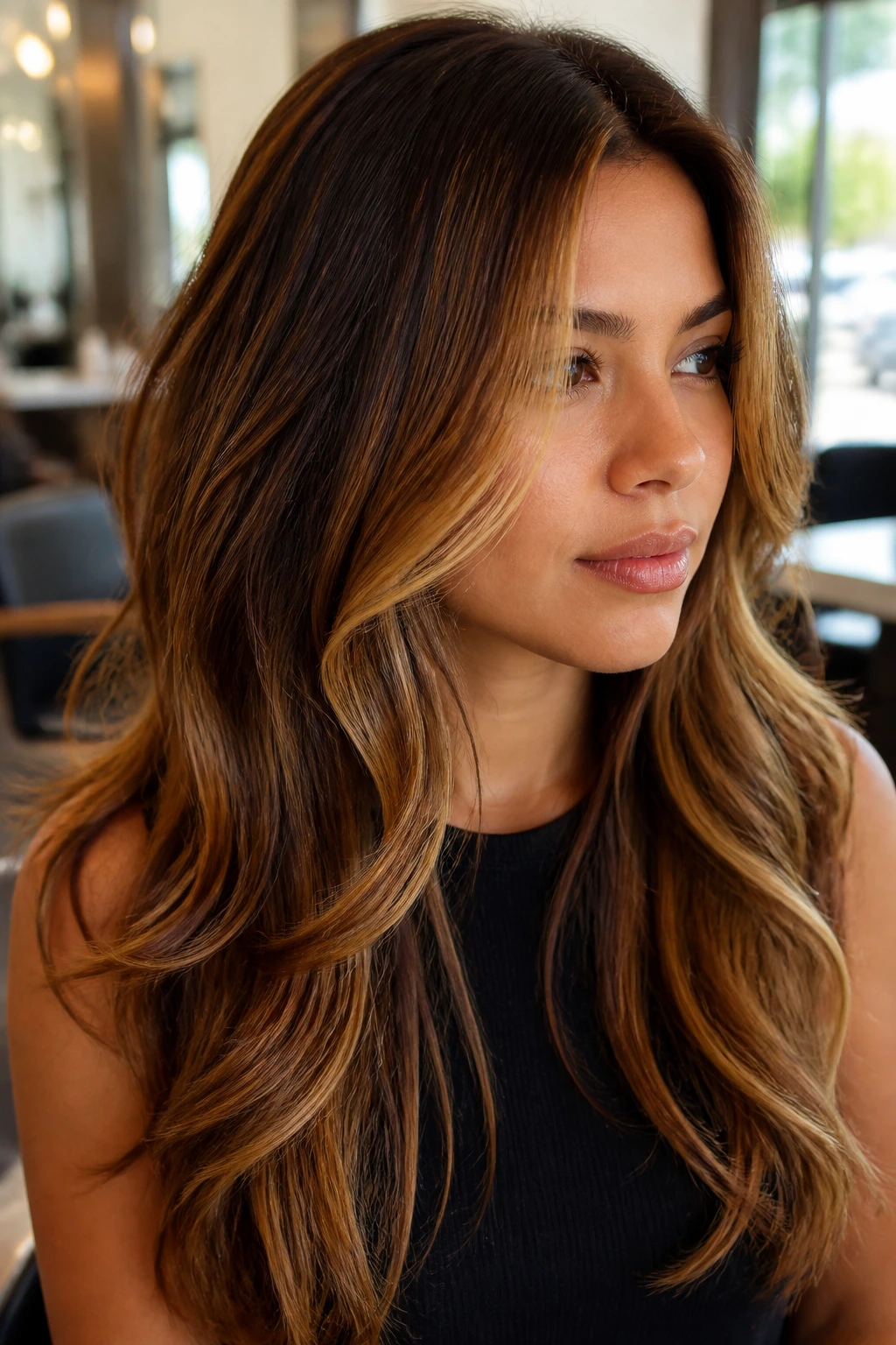 Close-up of a woman with two-tone caramel highlights in warm lighting