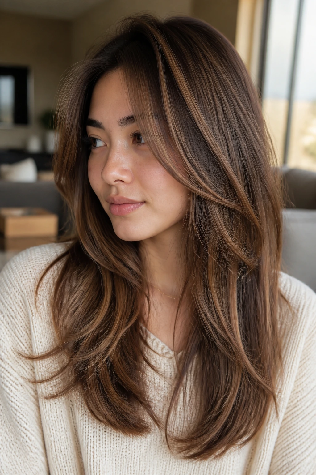 Portrait of a real woman with warm caramel highlights and soft ribbons in long hair.
