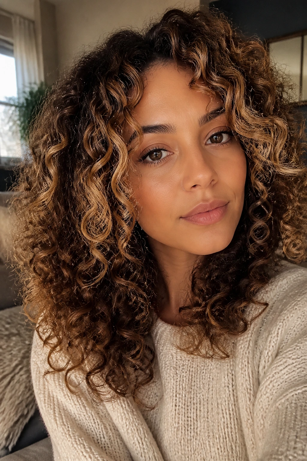 Portrait of a real person with varied caramel highlights around the face and crown