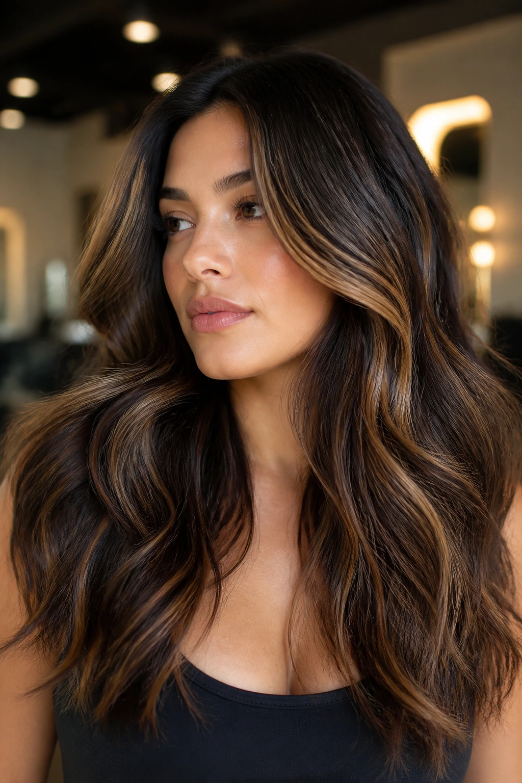 Real woman's thick hair with varied caramel ribbons for different looks