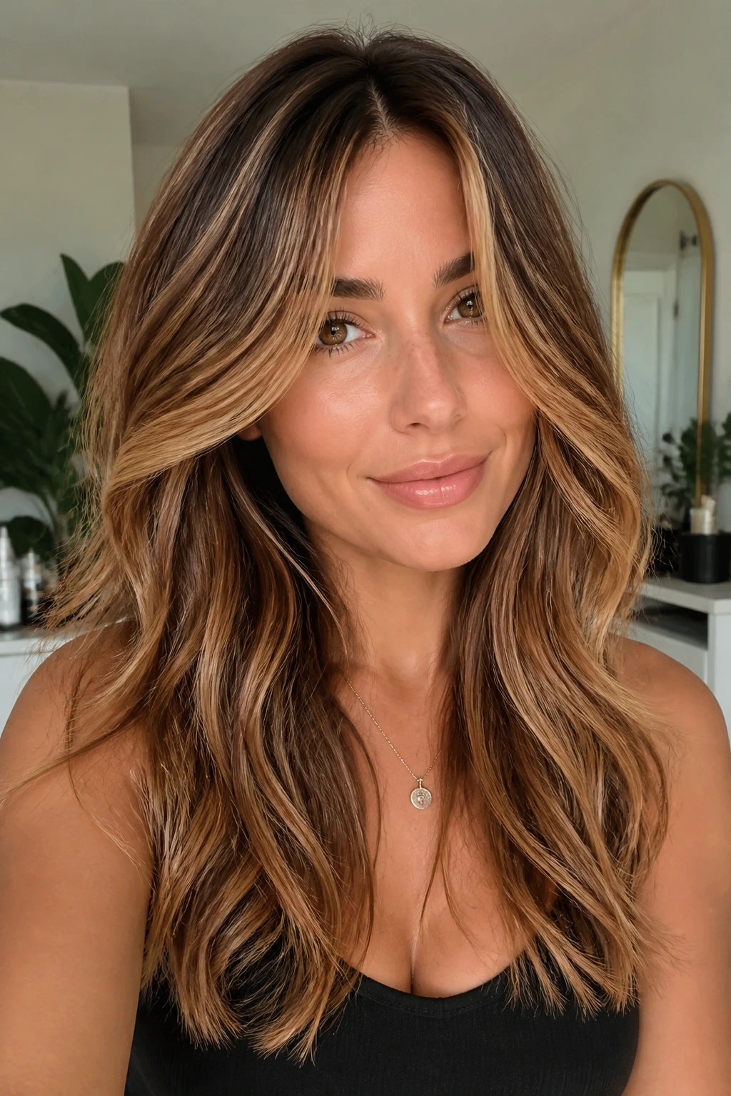 Portrait of a person with varied caramel highlights around the face.