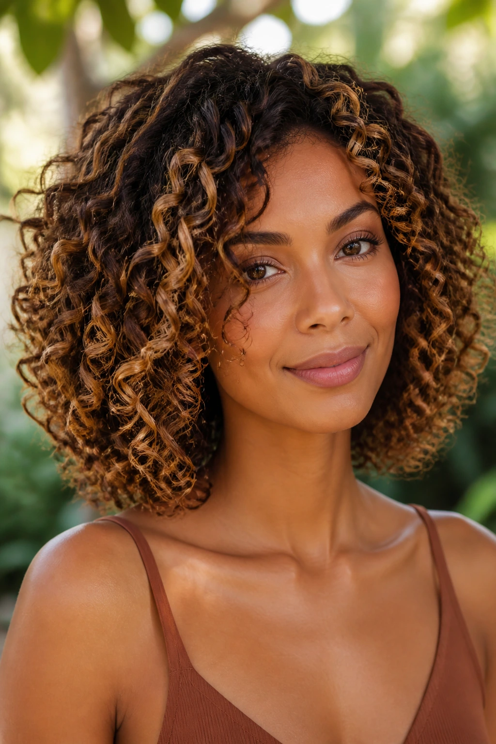 Real woman with curly hair showing honey-toffee caramel highlights