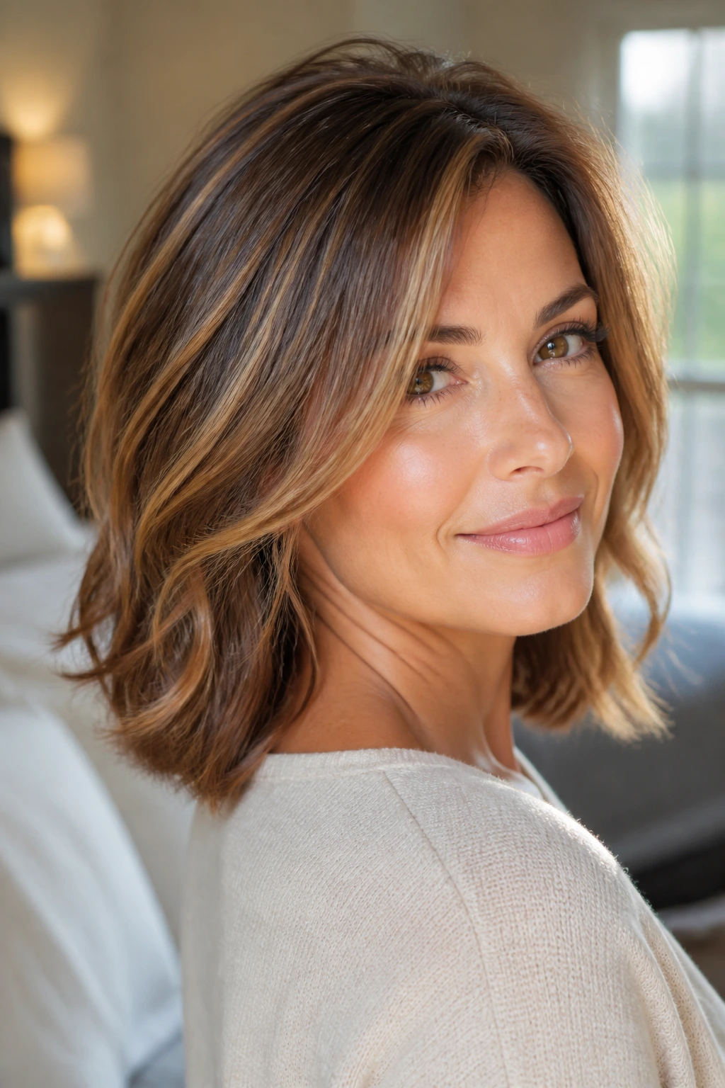 Close-up of a real woman with lifted crown and glossy caramel highlights in fine hair