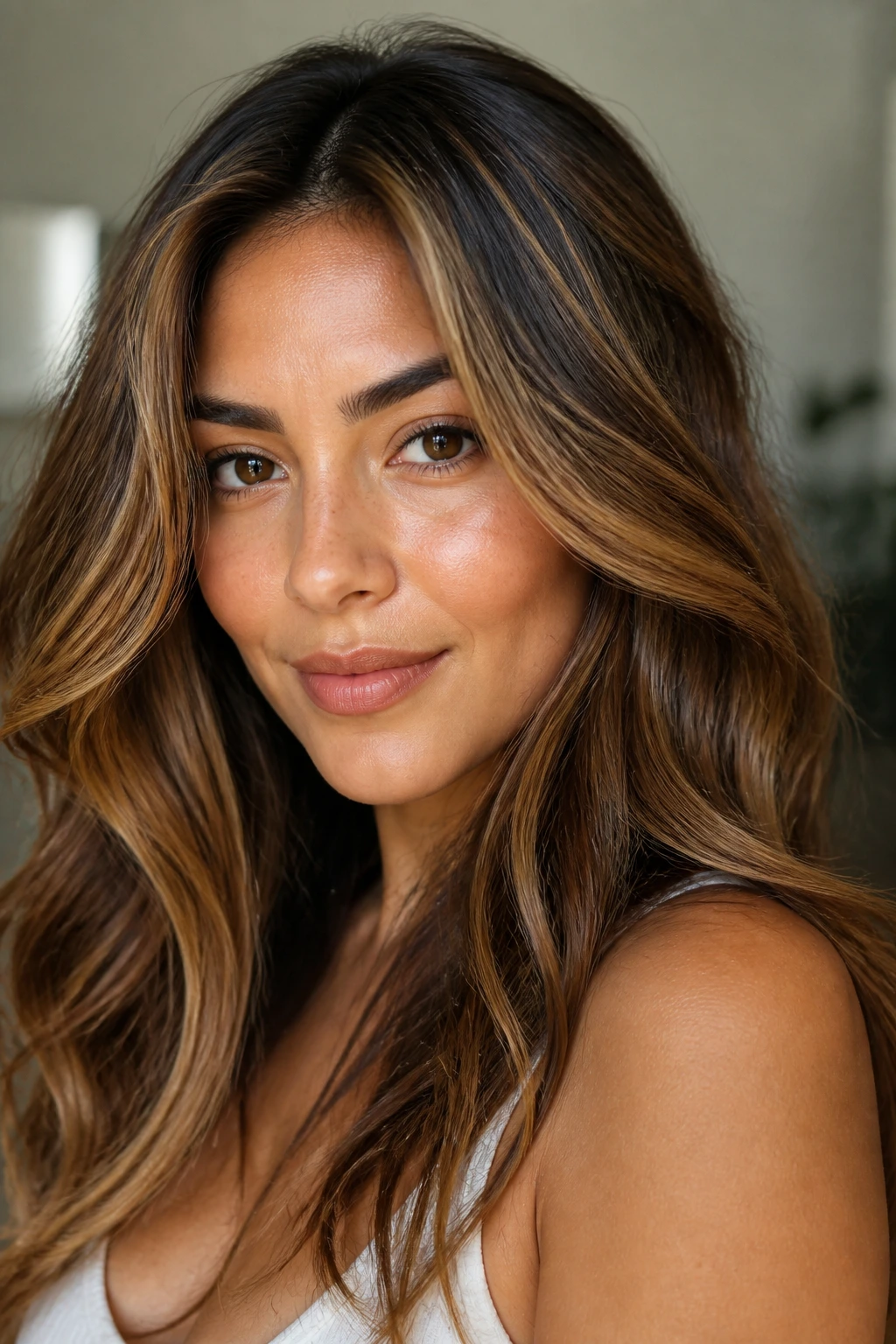 Portrait showing caramel highlights on warm olive skin tone