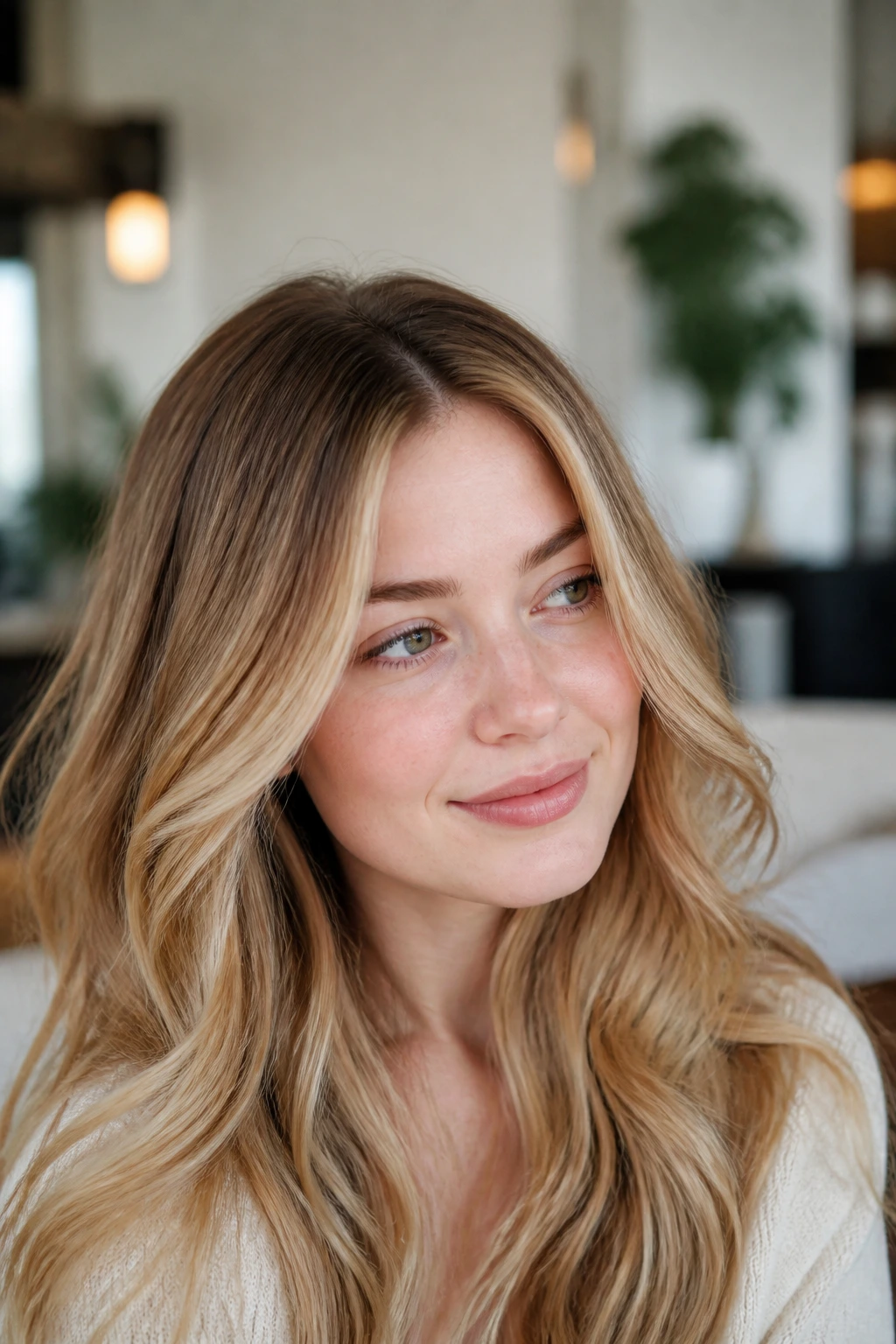 Portrait of woman with caramel-honey balayage and root shadow