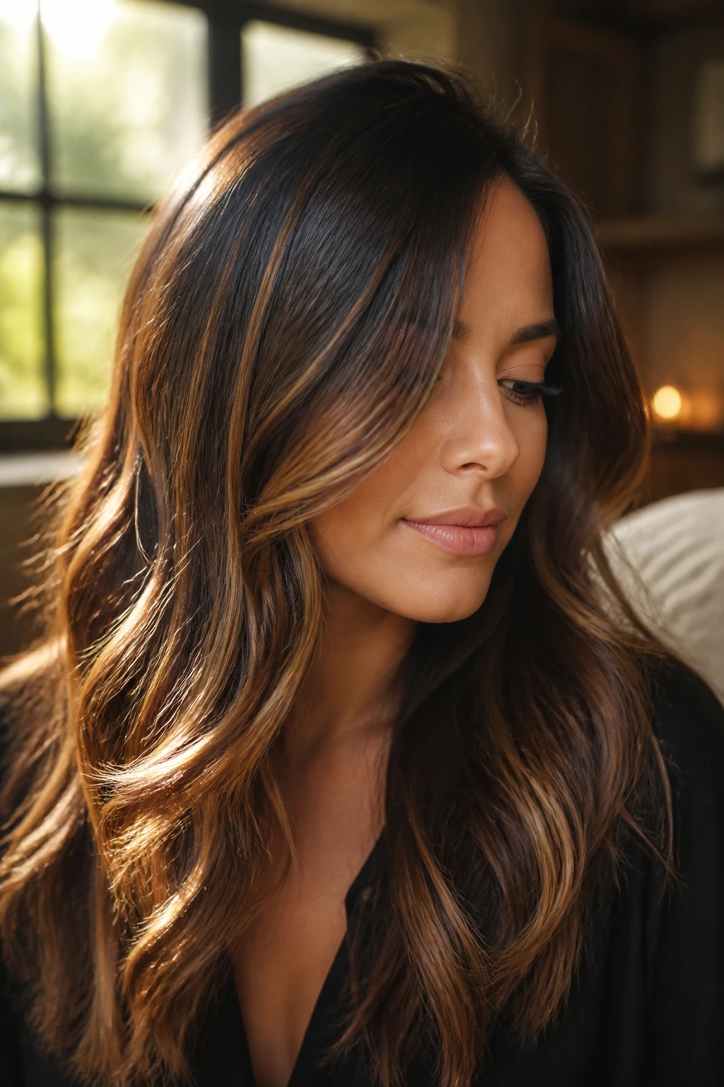 Brunette with loose waves and visible caramel honey highlights