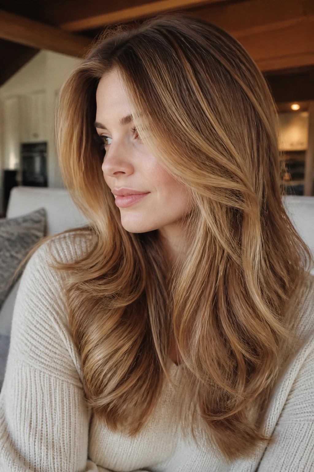 Long layered hair in caramel honey shades with depth
