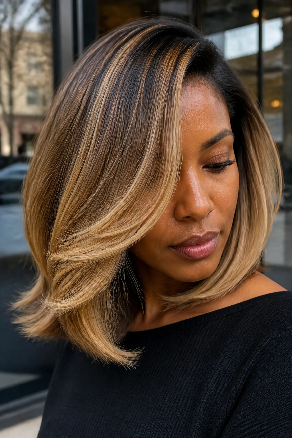 Caramel honey lob with deep side part framing the face in warm daylight