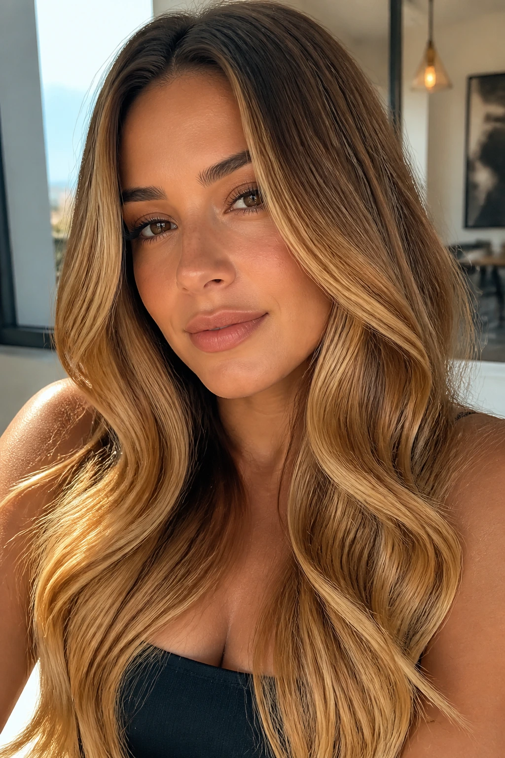 Portrait of a person with caramel honey melt hair color