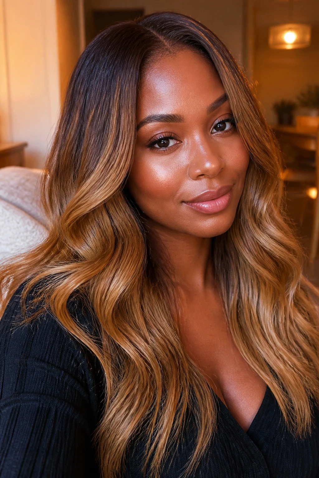 Close-up of hair with caramel-honey melt from roots to ends on a real person