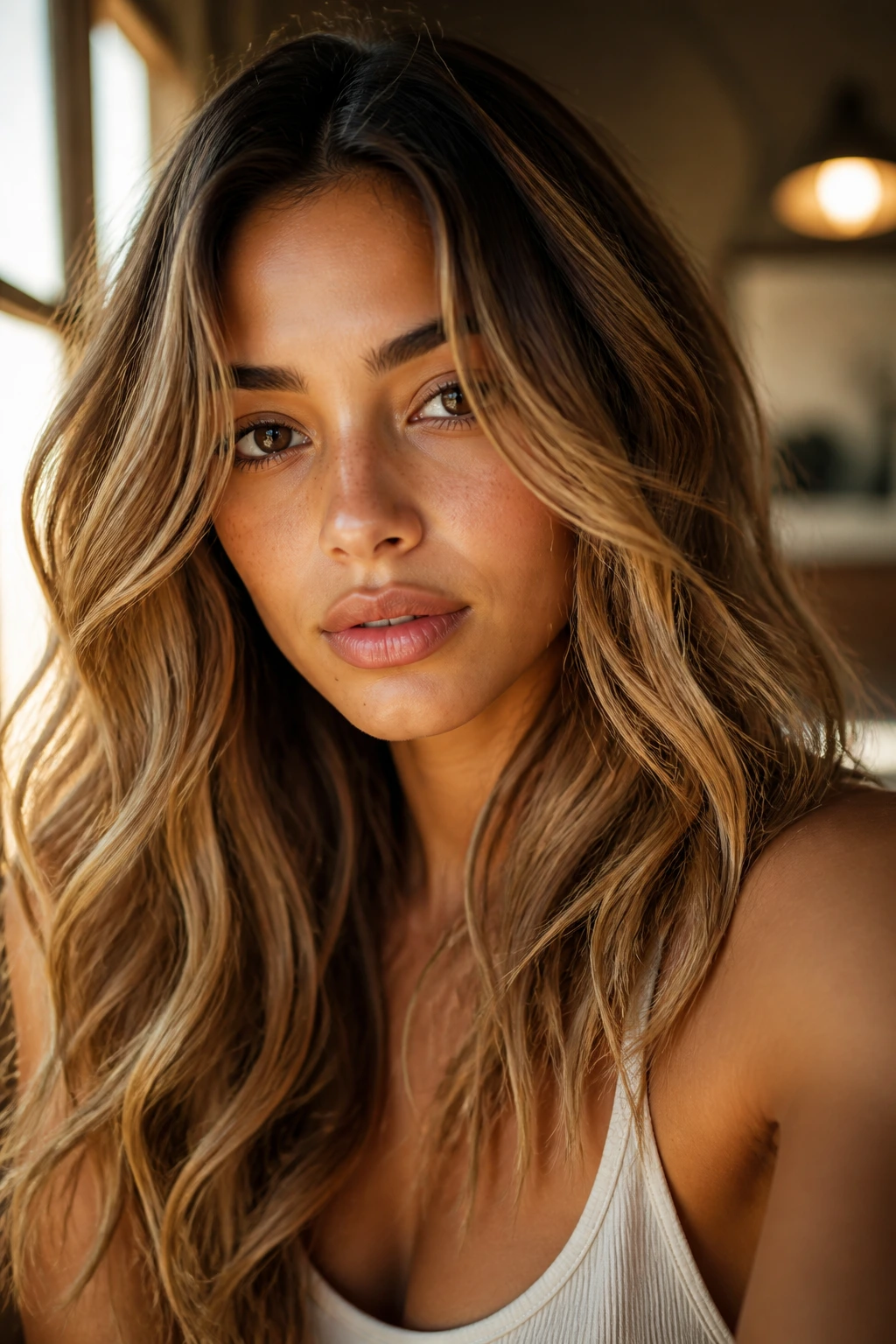 Portrait showing caramel and honey ribbons in loose-waved hair