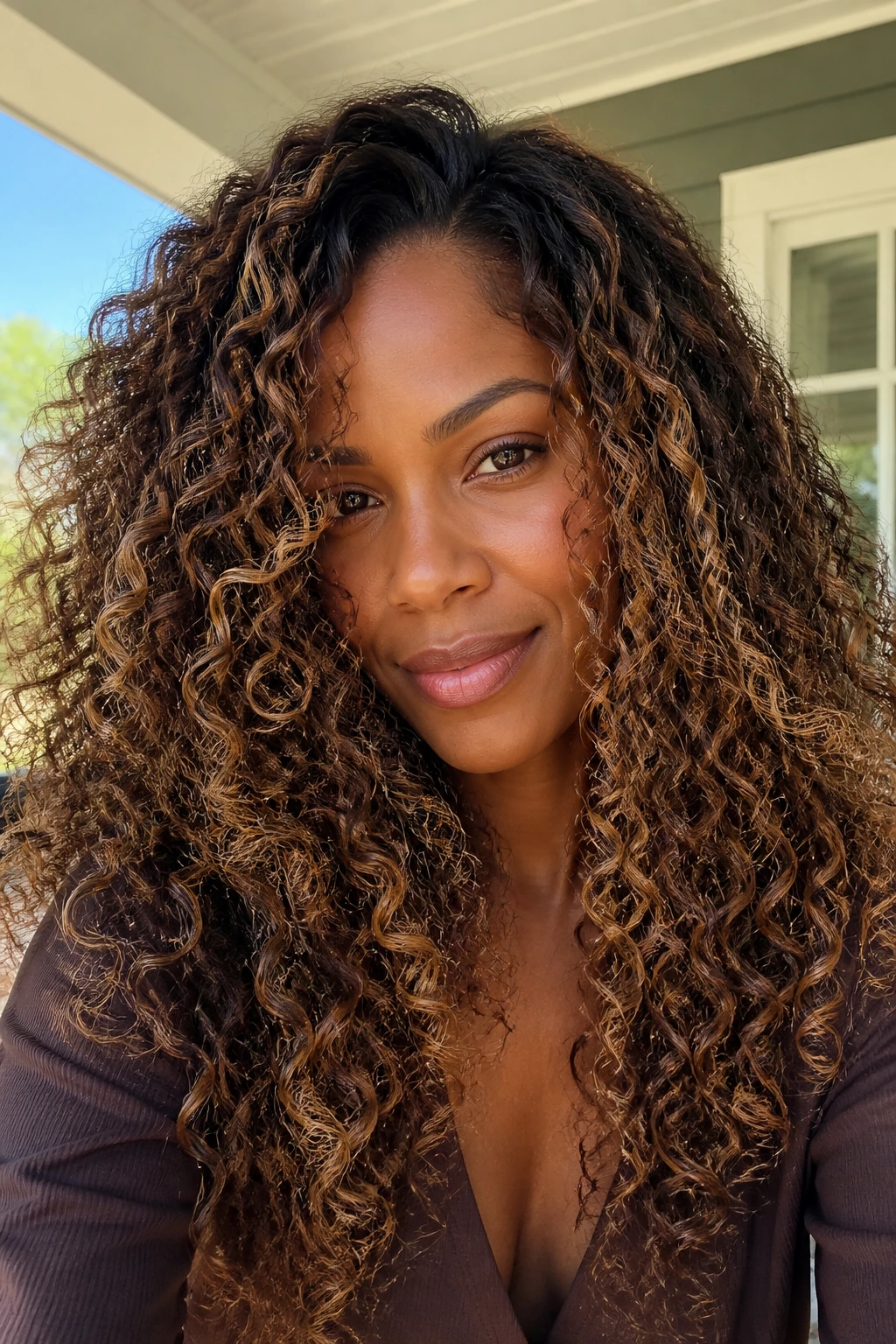 Close-up of a real woman with caramel lace curls woven through defined curls
