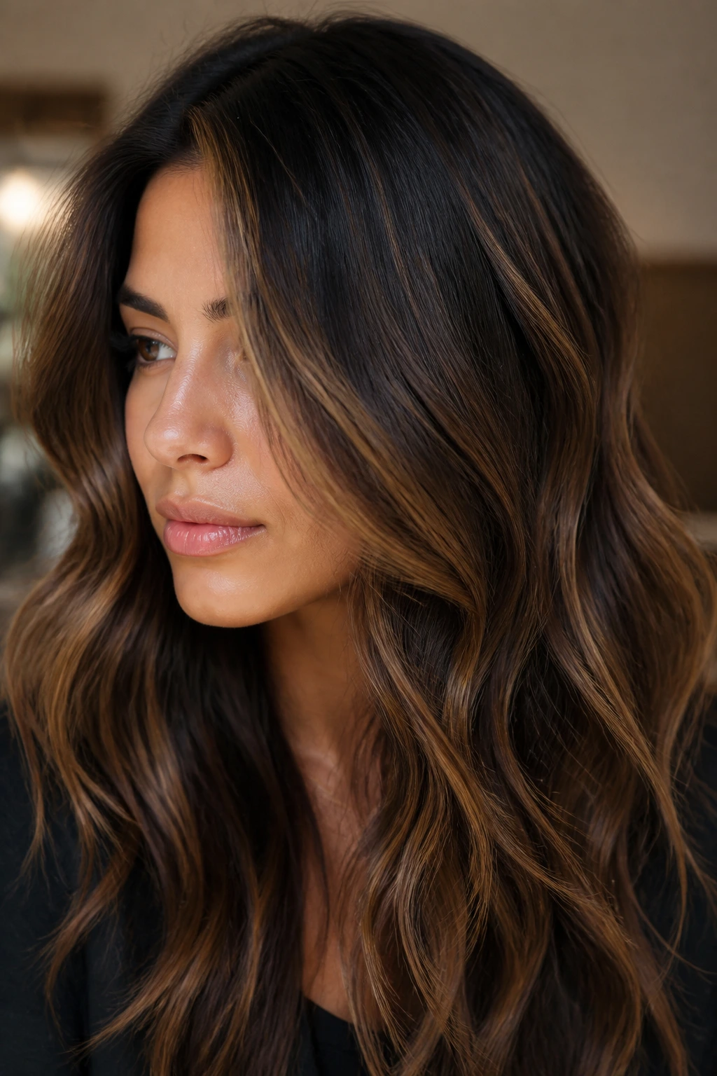 Close-up of a real person with deep brunette hair showing caramel lacing through mid-lengths