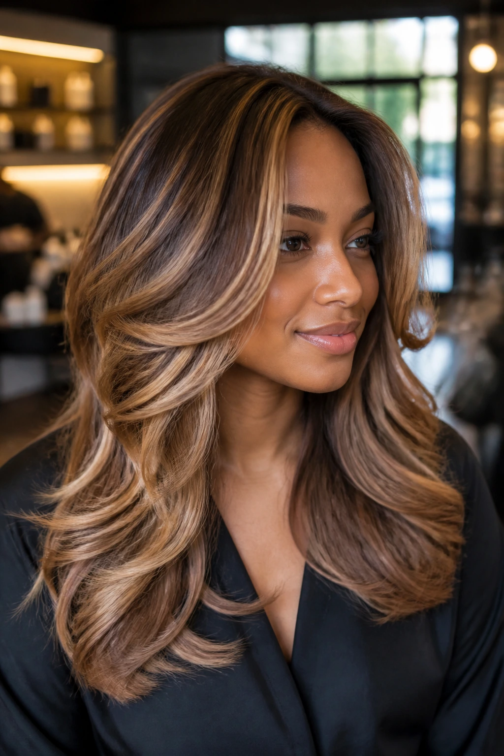 Close-up portrait of a real woman with caramel latte balayage on layered hair in warm salon light